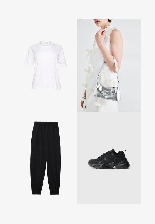 Weißes kurzärmliges Baumwoll-T-Shirt mit Rundhalsausschnitt, lässiger Passform und umgeschlagenen Ärmelabschlüssen. Glatte Textur und minimalistisches Design.; Schwarze, leichte Hosen mit einem elastischen Bund und gerafften Knöcheln. Der Stoff ist glatt und hat ein entspanntes, schmal zulaufendes Design.; Schwarze Sneakers mit einer Mischung aus glatten und strukturierten Materialien, dicken Sohlen, runder Form und dekorativem Nähen. Sie verfügen über einen weichen, gepolsterten Kragen.; Silberne metallische Handtasche mit strukturierter Form, ausgestattet mit einem oberen Griff und einer Schleifenapplikation auf der Vorderseite. Glatte Textur, reflektierendes Finish.