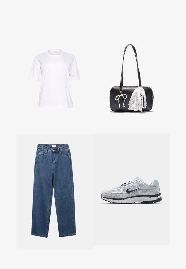 Hvid kortærmet bomulds T-shirt med rund halsudskæring, afslappet pasform og rullede ærmekanter. Glat tekstur og minimalistisk design.; Klassiske blå denimbukser med lige ben, fem lommer og knaplukning. Har en medium vask og en robust tekstur.; Nike P-6000 sneakers med en lys grå mesh overdel, sorte accenter og en holdbar sort gummisål. Har et detaljeret design og snøresystem.; Even&Odd Håndtasker - black