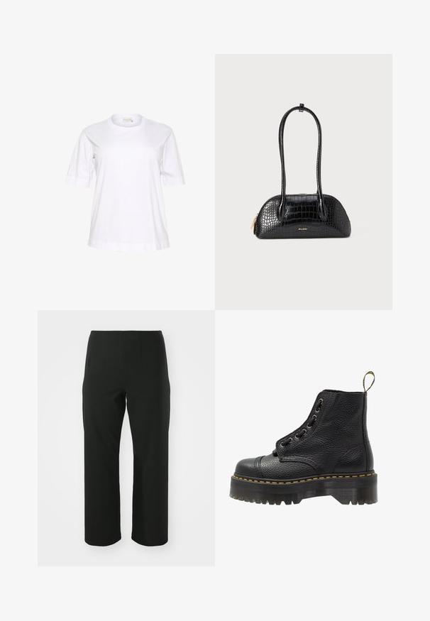 Witte katoenen T-shirt met korte mouwen, ronde hals, relaxte pasvorm en opgerolde mouwuiteinden. Glad textuur en minimalistisch ontwerp.; Vero Moda Curve VMCAUGUSTA PANT - Broek - black; Zwarte leren enkelboot met een gestructureerd oppervlak, ronde neus, vetersluiting, gele stiksels en een dikke, geribbelde zwarte plateauzool.; Zwarte handtas met krokodillenpatroon, een gladde textuur, ronde vorm en twee slanke handvatten. Gouden logo-accent bij de basis.; Zilveren oorringen, ronde vorm, gladde metalen oppervlakte, geen zichtbare versieringen, lichtgewicht ontwerp, uniforme dikte.