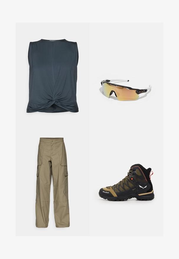 Yogasearcher TWISTED - Top - forest; Pantaloni cargo din material verde măsliniu, cu o croială lejeră, multiple buzunare laterale și închidere cu nasture la talie. Textură netedă.; Bocanci de drumeție de înălțime medie, în culori negru și verde măslin, cu un exterior din plasă, talpă din cauciuc și accente texturate, având un tab de prindere în spate.; Ochelari de soare cu un cadru alb-negru, lentile mari, cu oglindă în nuanțe de aur și roz, design aerodinamic și un contur exterior extins.