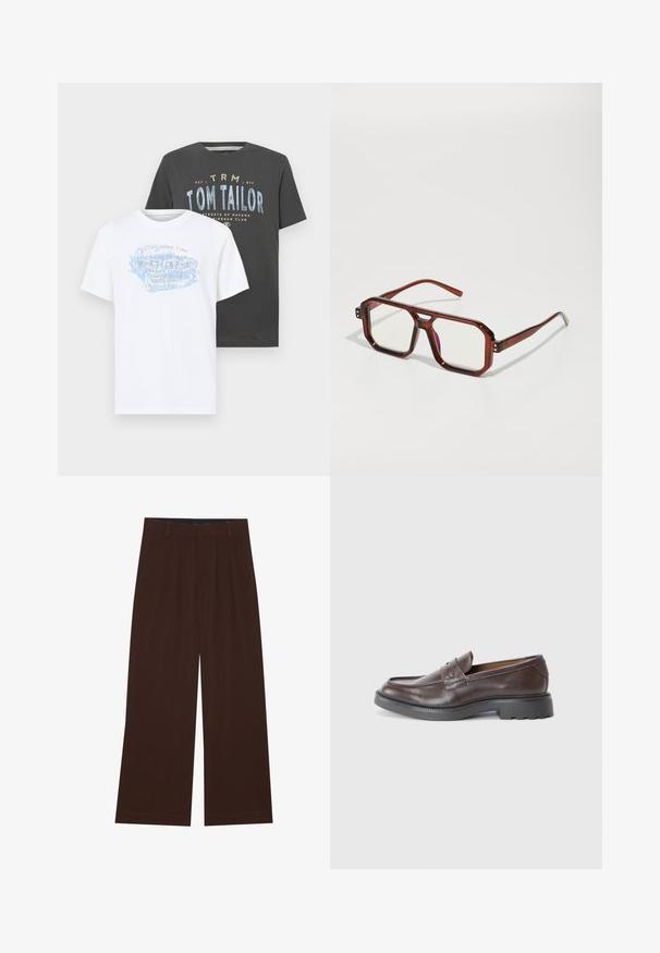 Dvoje bavlnených tričiek: jedno biele s modrým a oranžovým grafickým textom a jedno tmavosivé s modrým a bielym textom, obidve s krátkym rukávom.; Hnedé nohavice s širokými nohavicami a plisovaním. Vyrobené z hladkej látky, s upraveným pásom a bočnými vreckami. Rovný lem na spodnej časti.; Hnedé kožené mokasíny s hladkým povrchom, okrúhlou špičkou, minimálnym prešívaním a hrubou čiernou gumovou podrážkou. Žiadne viditeľné kovové prvky ani akcenty.; Hnedé priesvitné nadmerné okuliare s obdĺžnikovými šošovkami a štíhlymi ramenami. Uhlové, mierne zaoblené rohy a viditeľné kovové akcenty.