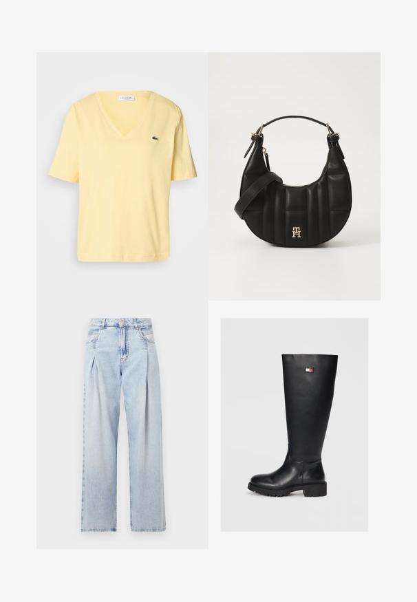 Gul bomullströja med korta ärmar, V-ringning och en liten grön Lacoste-logotyp på vänster bröst. Slät textur och enkel stil.; Ljust blå denimjeans med hög midja, vida ben, två sidofickor och veckad design. Mjuk textur med en blekt finish.; Svarta knähöga stövlar gjorda av mjukt läder med en texturerad gummisula, med en liten logopatch i rött, vitt och blått.; Svart läderhandväska med en böjd form, vadderad textur och guldfärgade detaljer. Har en avtagbar axelrem och logotypdetalj.
