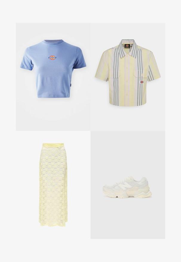 Šviesiai mėlynas medvilninis trumpų rankovių marškinėlis. Pirmame plane yra apvalus, daugiaspalvis logotipas su užrašu "Dickies" ant krūtinės.; Šviesiai geltona trumpomis rankovėmis marškinėliai su vertikaliomis žaliomis ir pastelinių spalvų juostelėmis. Yra dvi krūtinės kišenės ir logotipo aplikacija kairėje kišenėje.; Geltona nėriniuota maksi sijonas su banguota raštu, turintis lygų juosmenį ir minkštą, permatomą tekstūrą. Sukurtas plaukioti siluetui.; Lengvas sportinis batelis su tinklinio ir zomšinės viršutine dalimi švelniu kremo atspalviu, turi masyvų pado dizainą ir trimatį akcentą.