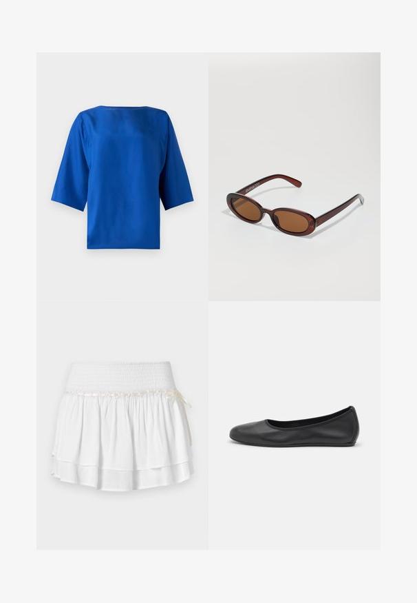 Royal blue short-sleeve top with a minimalist design, silky texture, round neckline, and relaxed fit. No patterns or visible hardware.; White tiered skirt with an elastic waistband, featuring a textured smocking detail and a decorative ribbon accent. Cotton fabric.; Black leather ballet flat with a rounded toe, smooth texture, minimal stitching detail, and a flexible sole design.; Round, brown-tinted sunglasses with a glossy burgundy frame. Slim arms with subtle branding detail. Flat lens design.