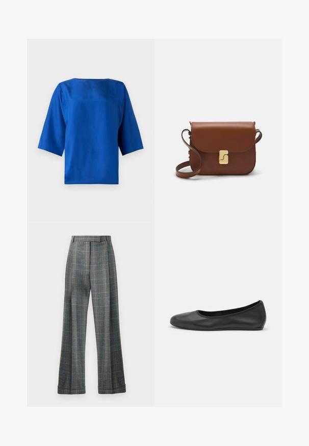 Královsky modrá blúzka s krátkym rukávom s minimalistickým dizajnom, hodvábnou textúrou, okrúhlym výstrihom a voľným strihom. Bez vzorov alebo viditeľného hardvéru.; Kárované nohavice v modrej, šedej a oranžovej farbe, s širokým strihom a zažehlenými záhybmi; vyrobené z textúrovanej tkaniny.; Čierne kožené baleríny s okrúhlou špičkou, hladkým povrchom, minimálnym prešívaním a flexibilným dizajnom podrážky.; Hnedá kožená kabelka s klopou, zlatými kovovými prvkami, ramenným popruhom a hladkým povrchom. Kompaktný obdĺžnikový tvar.