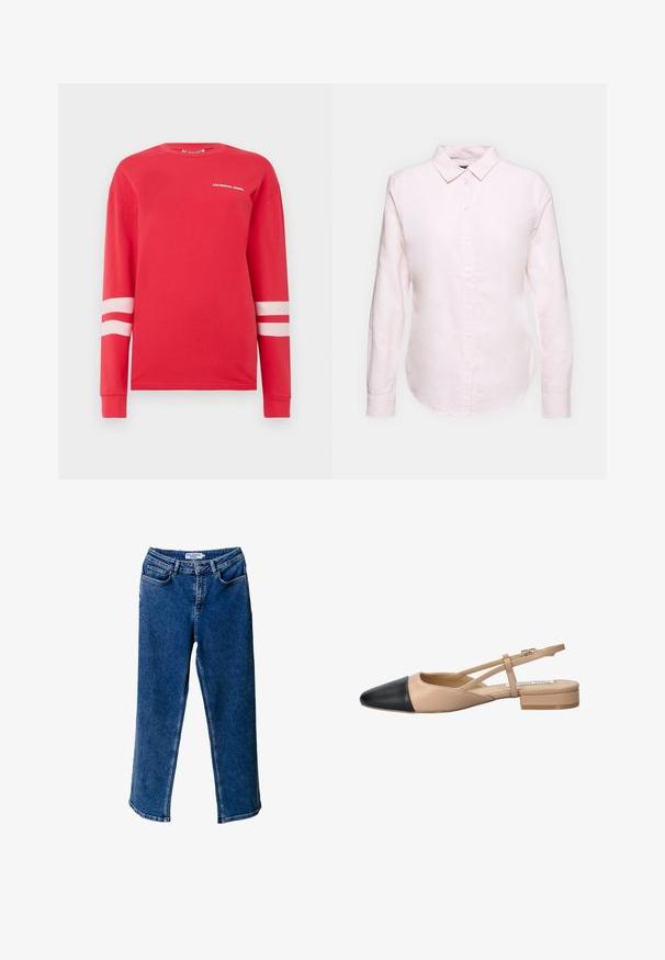 Rotes Langarmshirt aus Baumwolle mit weißem Text "COLOURFUL REBEL" und zwei horizontalen weißen Streifen an den Ärmeln. Klassisches Crewneck-Design.; Hellrosa Langarmhemd mit Button-Down-Kragen, geradem Saum und weicher Textur, aus leichtem Baumwollstoff gefertigt.; Blaue Denim-Jeans mit weitem Bein und hoher Taille, ausgestattet mit frontalen Taschen, kontrastierenden Nähten und einer lässigen Passform.; Beige und schwarze zweifarbige Slingback-Schuhe mit spitzer Zehenpartie, flachem Absatz und gekreuztem Riemendetail. Glattes Lederfinish.