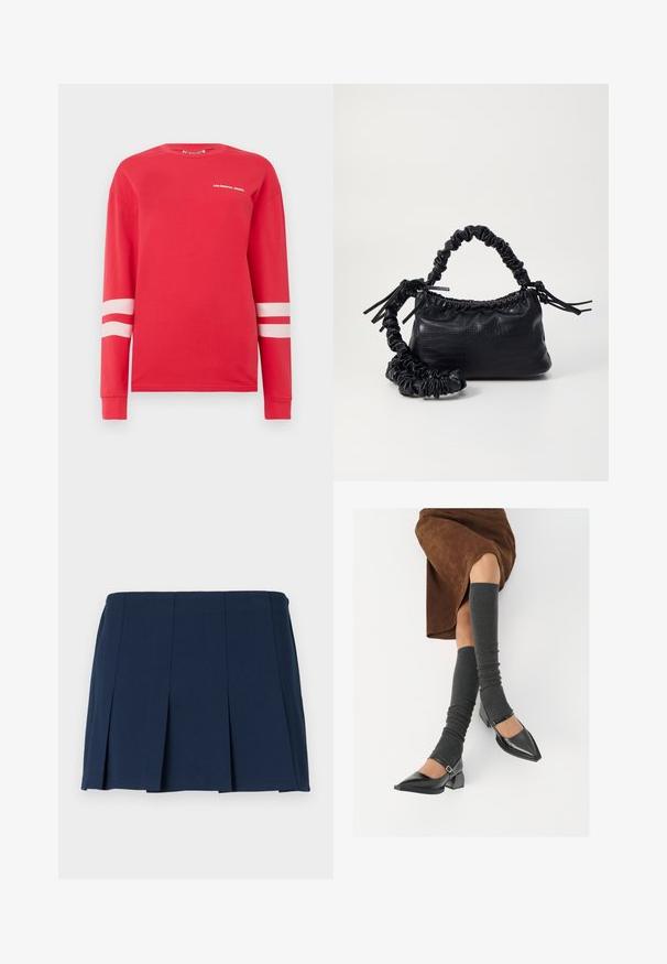 Raudona ilga rankovė marškiniai iš medvilnės su balta užrašu "KRAŠTINGAS SUKILĖLIS" ir dviem horizontaliomis baltomis juostelėmis ant rankovių. Klasikinio apvalaus kaklo dizainas.; Tamsiai mėlyna klostuota mini sijonas su tiesia juosmeniu, pagamintas iš lygaus audinio. Yra vertikalūs siūlai palei klostes.; Juodi lakuoti odiniai batai su aštriu kuma ir bloko kulnu, derinami su pilkais riebiais kojų šildytuvais ir rudais zomšiniais sijonais.; Juodas dirbtinės odos rankinė su krokodilo tekstūra, sušnibždinta viršuje ir susikraipytu dirželiu. Atrodo minkšta ir kompaktiška.