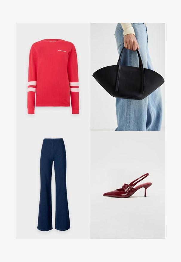 Cămașă roșie cu mâneci lungi din bumbac, cu text alb "COLOURFUL REBEL" și două dungi albe orizontale pe mâneci. Design clasic cu guler rotund.; Jeans evazați de culoare albastru închis, din denim, cu un brâu elastic. Au o textură netedă și un design cu picioare late ce se extind până la tiv.; Pantofi cu toc slingback din piele roșie lacuită, cu vârf ascutit, două curele cu cataramă și un toc subțire, de înălțime medie. Textură netedă.; Geantă de piele neagră cu o formă unică de evantai, având mânere plate. Suprafața are o textură cu mici granule și un design minimalist.