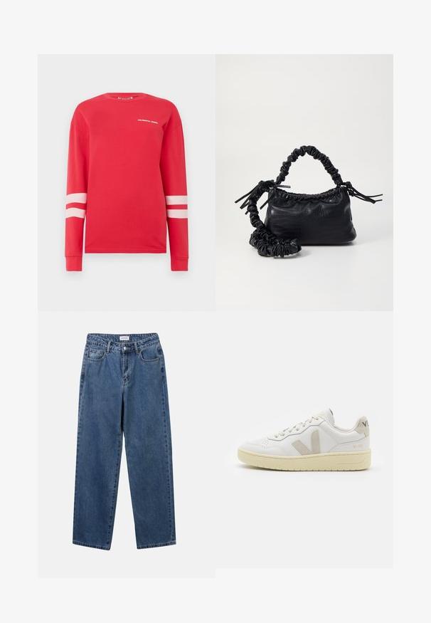 Sarkana kokvilnas krekls ar garām piedurknēm, ar baltu uzrakstu "COLORFUL REBEL" un divām horizontālām baltām svītrām uz piedurknēm. Klasisks apaļas kakla dizains.; Klasiskie zili džinsi ar taisnu kāju dizainu, pieciem kabatām un pogu aizdari. Iezīmējas ar vidēju mazgāšanu un izturīgu tekstūru.; Baltas ādas sporta apavu pāris ar bēšiem zamša akcentiem, caurumiņu purngalā, plakanu šņorēšanu un teksturētu krēmkrāsas zoli. Iezīmējas ar diskrētu zīmolu uz papēža.; Melnā mākslīgās ādas rokassoma ar krokodila rakstu, savilkta augšdaļa un saburzīta siksna. Izskatās mīksta un kompakta pēc dizaina.