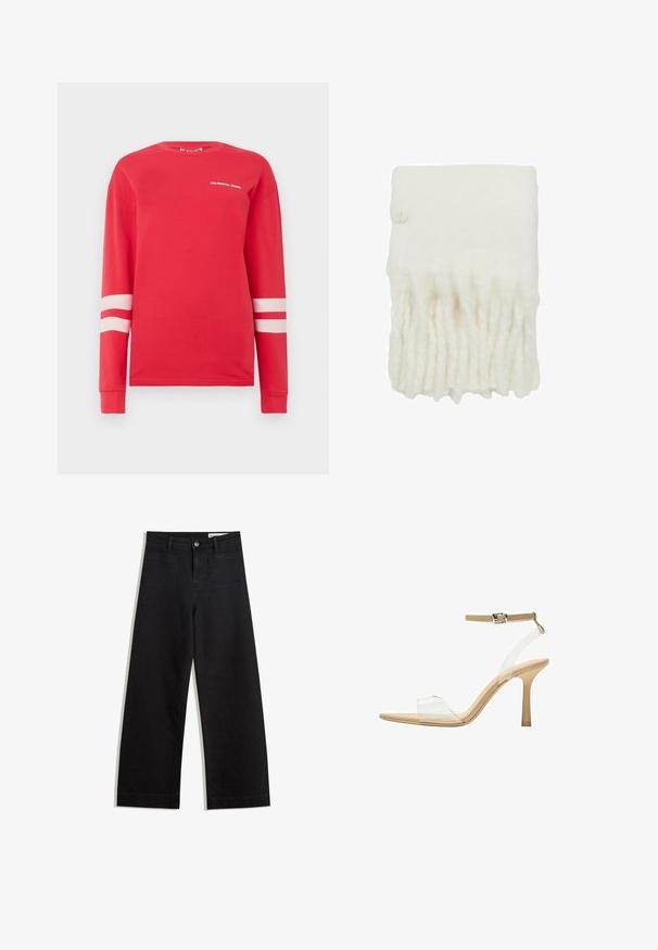 Röd långärmad t-shirt i bomull med vit text "COLOURFUL REBEL" och två horisontella vita ränder på ärmarna. Klassisk rundhalsad design.; Svarta vida denimbyxor med hög midja, med fram- och bakfickor, sydda sömmar och knappstängning. Slät textur.; Klart häl sandal med en transparent ovandel, beige fotbädd och en smal ankelrem. Har en spetsig tå och en tunn hög klack.; Vit ullsjal med fransar i botten, med en cirkulär knapp på ena sidan. Mjuk textur, rektangulär form.; Svart läder tote-väska med en mjuk, sluttande design, breda handtag och slät yta. Ingen synlig hårdvara eller utsmyckningar.