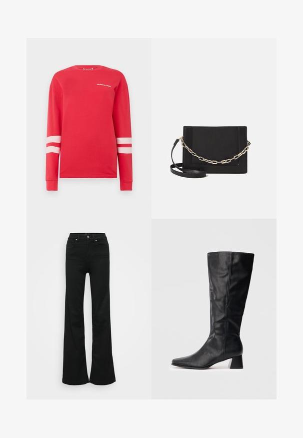 Cămașă roșie cu mâneci lungi din bumbac, cu text alb "COLOURFUL REBEL" și două dungi albe orizontale pe mâneci. Design clasic cu guler rotund.; Jeans negri evazați din denim, cu talie înaltă, cinci buzunare și închidere cu nasture metalic. Textură netedă, cu detalii minime.; Boot din piele neagră, până la jumătatea gambei, cu vârf ascuțit și toc pătrat, pe un fundal luminos simplu.; Geantă de umăr din piele neagră, cu o textură netedă, formă rectangulară și un detaliu din lanț metalic în față. Include curea reglabilă.