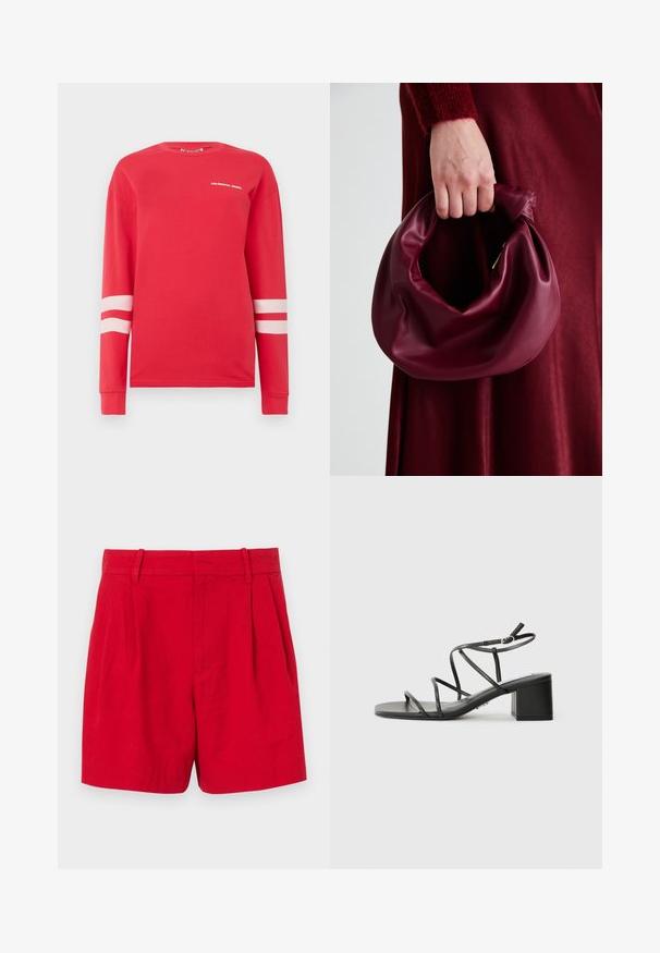 Cămașă roșie cu mâneci lungi din bumbac, cu text alb "COLOURFUL REBEL" și două dungi albe orizontale pe mâneci. Design clasic cu guler rotund.; Pantaloni scurți roșii din in, cu talie înaltă, având pliuri frontale, bucle pentru curea și o textură netedă. Croială regulată, cu un design curat și elegant.; Sandale negre cu bretele cu vârf pătrat și toc gros, realizate dintr-un material neted. Dispun de curele reglabile la gleznă și hardware minim.; Geantă de mână din piele burgundă, cu un design moale și pliat și o formă rotundă. Mânerele sunt securizate, evidențiind o textură netedă.