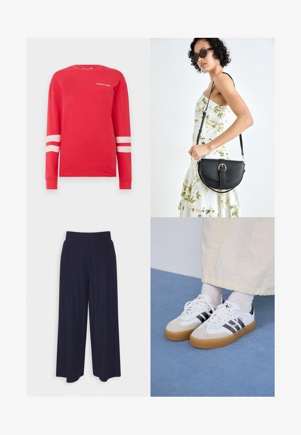 Piros, hosszú ujjú pamut póló, fehér "COLOURFUL REBEL" felirattal és két vízszintes fehér csíkkal az ujjakon. Klasszikus kerek nyakú dizájn.; Sötét kék anyagból készült, széles lábú nadrág, bordás textúrával. Simább derékrésszel és laza szabással rendelkezik, a vádli közepéig ér.; Fehér sportcipő fekete csíkokkal és bézs velúr részletekkel. Texturált gumi talppal és lapos fehér fűzőkkel rendelkezik, világos színű zoknival viselve.; Fekete bőrtáska ívelt formával, levehető pánttal és arany színű fémrészekkel. A táskán egy csattal díszített fedél található.