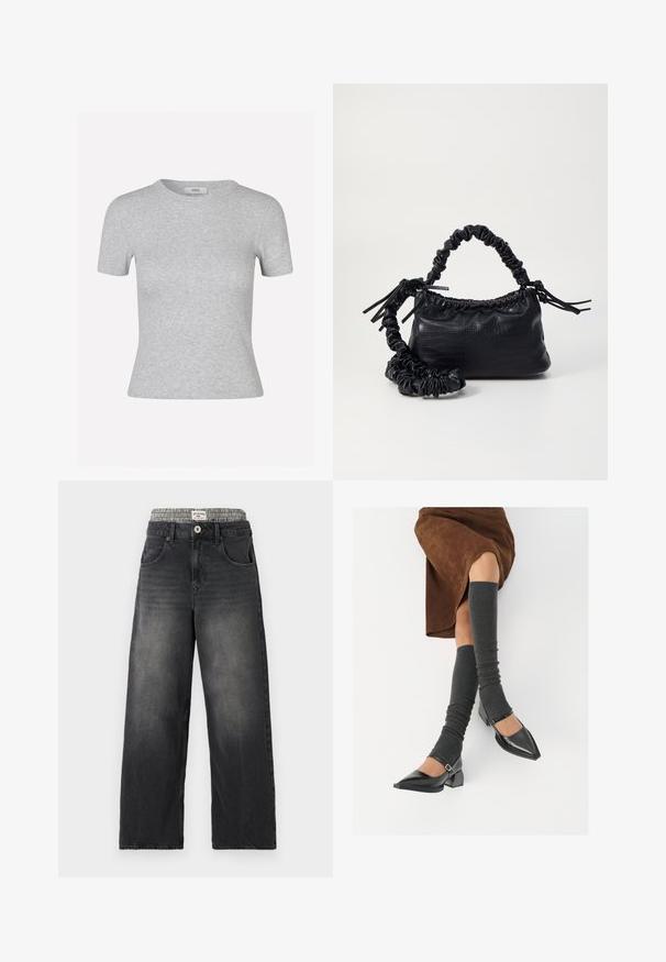 Graues kurzärmeliges T-Shirt mit geripptem Stoff, rundem Ausschnitt und figurbetontem Schnitt, versehen mit einem dezenten Markenlabel.; Schwarze Jeans mit weitem Bein aus Denim und einem Hahnentritt-Muster am Bund. Merkmale sind Fronttaschen und ein Knopfverschluß. Mit einem abgenutzten Look.; Schwarze lacklederne spitze Schuhe mit Blockabsatz und Knöchelriemen, kombiniert mit grauen gerippten Beinstulpen und einem braunen Wildlederrock.; Schwarze Handtasche aus Kunstleder mit Krokodilstruktur, gerafftem oberen Teil und einem geschoppten Tragegurt. Sie wirkt weich und kompakt im Design.