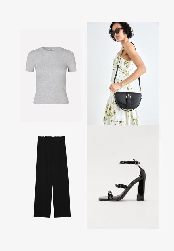 Graues kurzärmeliges T-Shirt mit geripptem Stoff, rundem Ausschnitt und figurbetontem Schnitt, versehen mit einem dezenten Markenlabel.; Schwarze weit geschnittene Hose mit einem gerüschten Bund, ausgestattet mit zwei Seitentaschen und einem glatten, leichten Stoff. Keine sichtbaren Muster oder Beschläge.; Schwarze patentierte Sandalen mit Absatz, quadratischer Spitze, Knöchelriemen und silbernen Schnallen. Mit einem stabilen Blockabsatz für mehr Stabilität.; Schwarze Lederhandtasche mit geschwungener Form, abnehmbarem Tragegurt und goldenen Beschlägen. Die Tasche verfügt über einen Deckel mit einer Schnallen-Details.