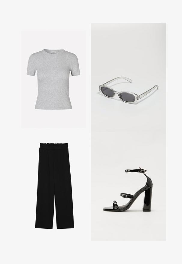 Gray short-sleeve t-shirt with a ribbed texture, round neckline, and a fitted shape, featuring a discreet brand label.; Black wide-leg trousers with a ruffled waistband, featuring two side pockets and a smooth, lightweight fabric. No visible patterns or hardware.; Black patent heeled sandals with a square toe, ankle straps, and silver buckles. Features a chunky block heel for stability.; Sunglasses with an oval shape, clear plastic frame, dark gray lenses, and thin transparent arms featuring logo accents and minimal detailing.; Black tote bag made of smooth leather, featuring a curved, open top with two shoulder straps and a minimalist design.