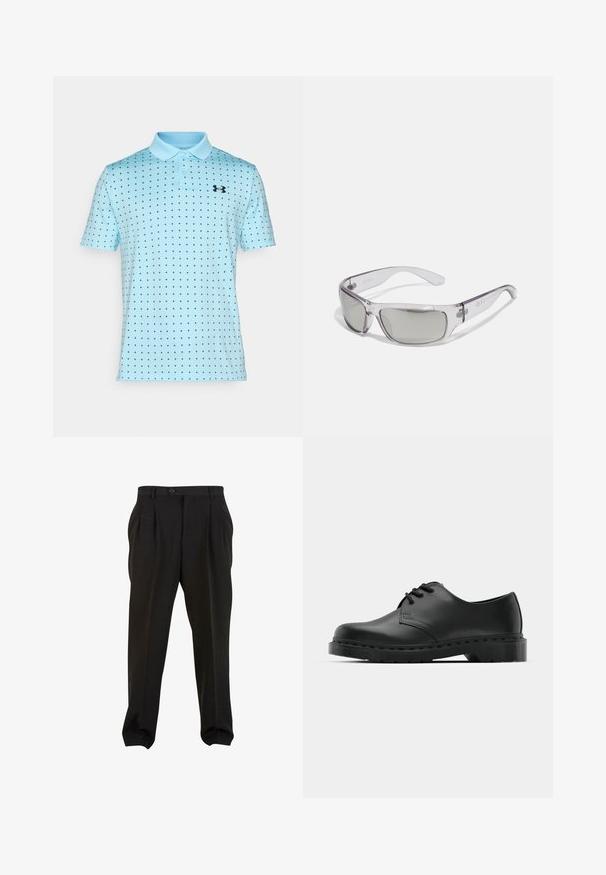 Camisa polo azul claro con cuello, mangas cortas y un patrón de estrellas negras en toda la prenda. Presenta un pequeño logo negro en el pecho.; Pantalones negros de tejido suave, con pliegues frontales, cinturilla con botón y puños en los tobillos ajustados. Silueta clásica y ajustada.; Zapato oxford de cuero negro con diseño de cordones, punta redonda, suela de goma plana y un sutil detalle de costura en la parte superior.; Gafas de sol con montura de plástico transparente, lentes grises, diseño envolvente y detalle del logo en el lateral. Textura suave con brazos curvados.