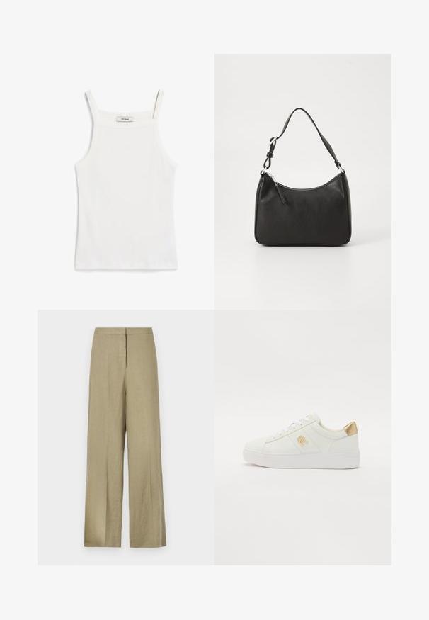 Biely top s tenkými ramienkami, vyrobený z rebrovanej bavlnenej tkaniny, s rovnou výstrihom a čistým zakončením na spodnom leme.; Svetlozelené, široké nohavice vyrobené z ľanu. Majú vysoký pás a čistý predný dizajn s jedným prekladaním.; Biele kožené tenisky s hladkým povrchom, biele šnúrky, zlatý akcent na päte a diskrétne logo na boku. Plochá gumová podrážka.; Čierna kožená kabelka s oblým tvarom, jediným popruhom, zipsom a nenápadným logom na prednej strane. Hladká textúra, minimalistický dizajn.