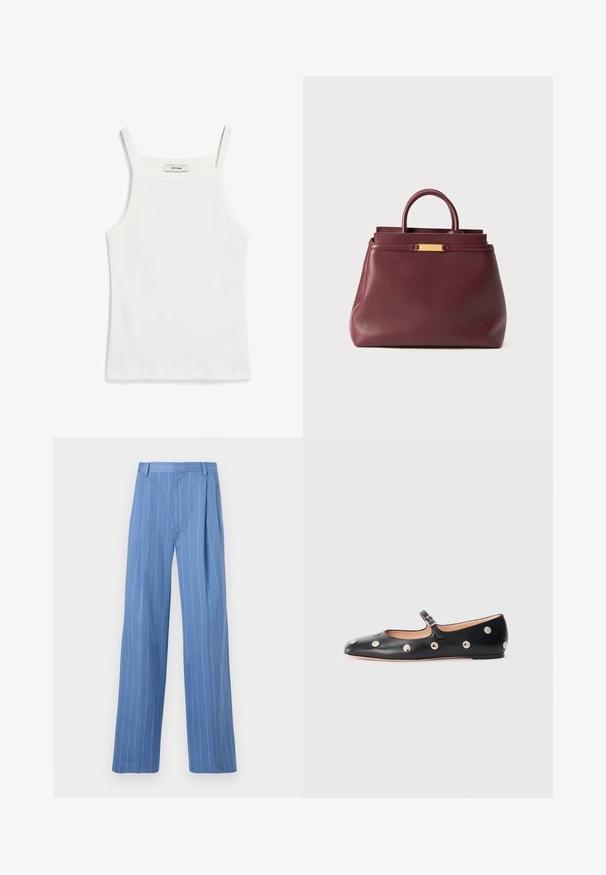 Balta tankų palaidinė su plonomis petnešėlėmis, pagaminta iš dryžuoto medvilnės audinio, su tiesiu iškirpimu ir tvarkingu apdailu prie apačios.; Šviesiai mėlynos plačios kojų kelnės su vertikaliomis baltomis juostelėmis. Pagamintos iš lygaus audinio, turi priekinę raukšlę ir švarų juosmens dizainą.; Juodų odinių Mary Jane plokščių batų su apvaliu pirštu, papuoštų sidabriniais apvaliais nagais ir reguliuojamu dirželiu su sagtimi.; Burgundi odinė rankinė su struktūrizuotu dizainu, kuri turi viršutinę rankeną ir auksinio tono akcentą. Lygus paviršius be matomų raštų.