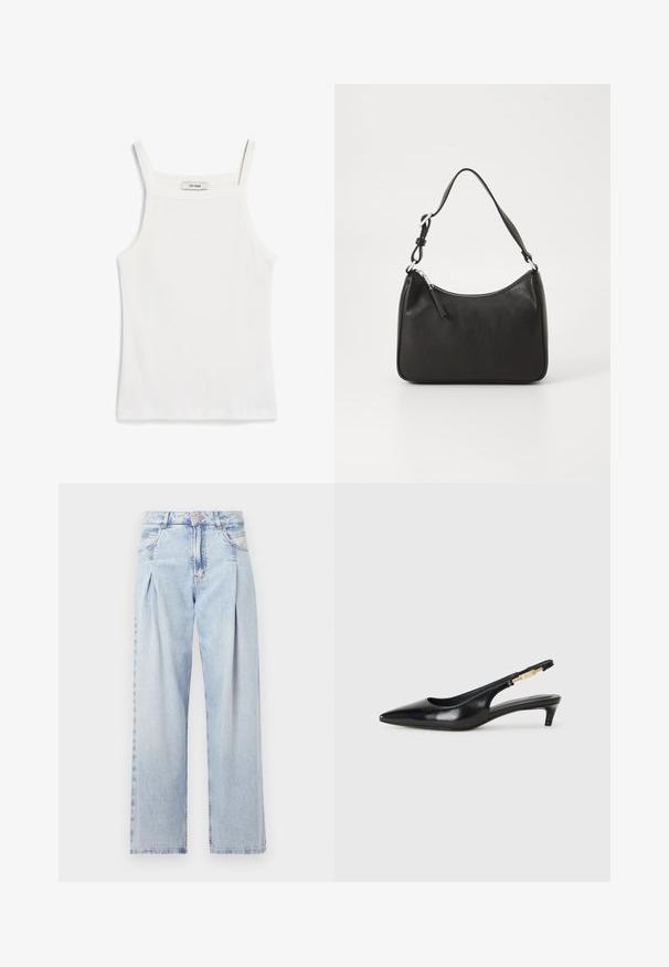White tank top with thin straps, made of ribbed cotton fabric, featuring a straight neckline and a clean finish at the hem.; Light blue denim jeans with a high waist, wide-leg cut, two side pockets, and pleated design feature. Soft texture with a faded finish.; Black leather slingback heels with a pointed toe, featuring a slim heel and a gold-tone accent on the adjustable strap. Smooth texture.; Black leather handbag with a curved shape, a single strap, zip closure, and subtle branding on the front. Smooth texture, minimalist design.