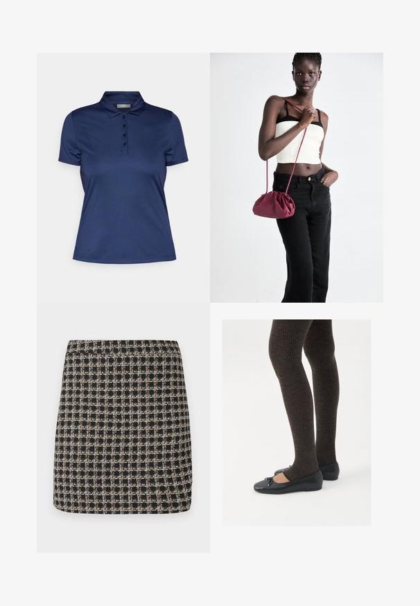 Marineblå polo-skjorte laget av glatt, lett stoff. Har en klassisk krage og knappestolpe med fire knapper, korte ermer og rett nederkant.; Svart og beige rutete miniskjørt med teksturert vev og en jevn linning, med en strukturert passform og enkelt design.; Sorte flate sko med en liten sløyfedetalj på tåen, kombinert med mørkebrune ribbede strømpebukser. Skoene har en glatt overflate og lav profil.; Burgunderfarget myk stoffhåndveske med en samlet design og en lang stropp, båret som en crossover. Modellen har på seg en hvit crop-top og svarte jeans.