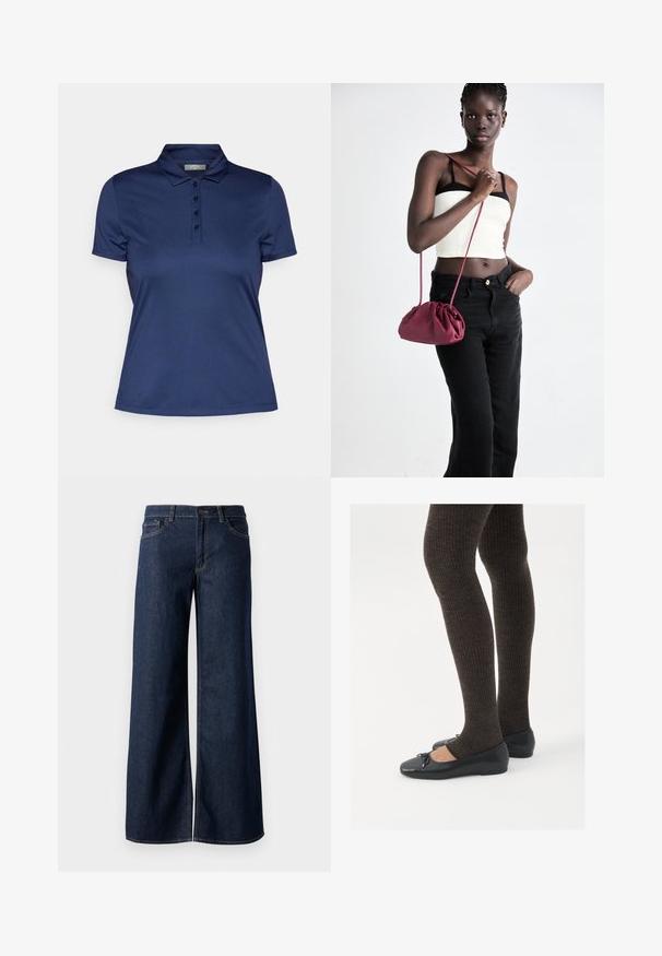Marineblå polo-skjorte laget av glatt, lett stoff. Har en klassisk krage og knappestolpe med fire knapper, korte ermer og rett nederkant.; Vide benbukser i mørkeblå denim. Har kontrastsøm, fem lommer og en knaplukning i taljen. Glat tekstur.; Sorte flate sko med en liten sløyfedetalj på tåen, kombinert med mørkebrune ribbede strømpebukser. Skoene har en glatt overflate og lav profil.; Burgunderfarget myk stoffhåndveske med en samlet design og en lang stropp, båret som en crossover. Modellen har på seg en hvit crop-top og svarte jeans.