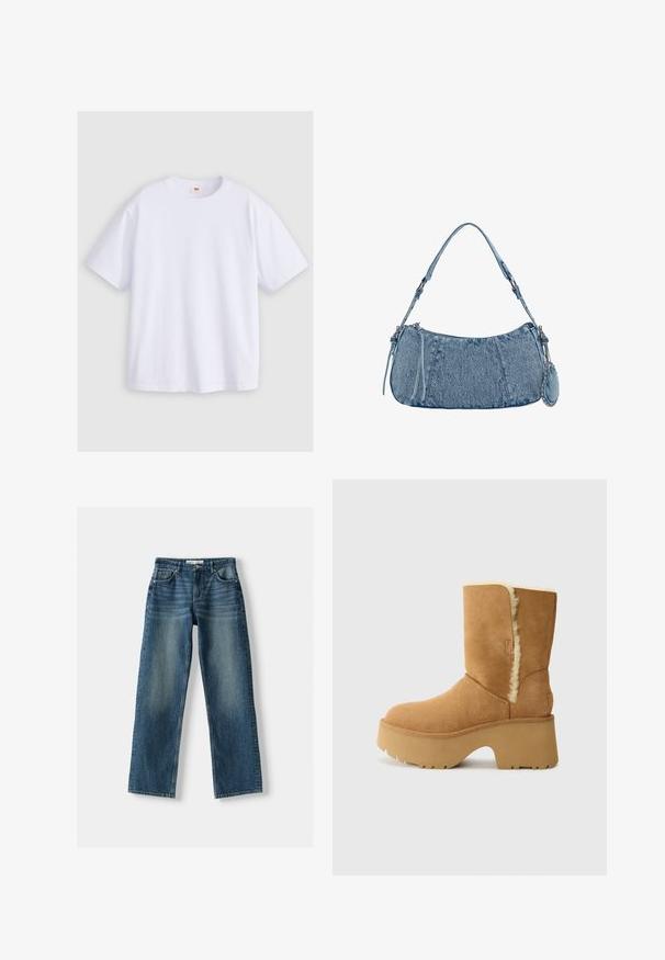 Bela bombažna majica s kratkimi rokavi, krožnim izrezom in sproščenim prileganjem. Material se zdi gladek brez vidnih vzorcev ali grafik.; Modre kavbojke z ravnim krojem, gumbom za zapiranje, petimi žepi in zbledelimi območji. Material deluje trpežno z teksturirano površino.; UGG NEW HEIGHTS CUFF - Zimski škornji - chestnut; Denim torbica s zakrivljenim oblikom, svetlo modre barve, nastavljivim naramnicam in majhno odstranitveno torbico z metalnimi detajli.