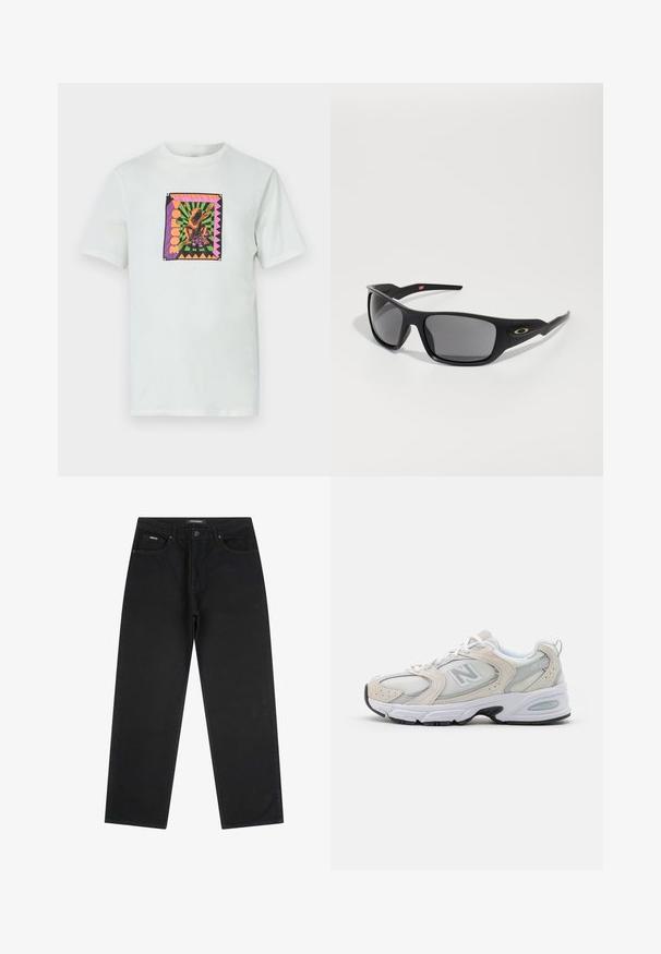 White cotton t-shirt featuring a square, colorful graphic with a frog design and text, set against a geometric background and accented edges.; Black straight-leg jeans with front button and zipper, belt loops, and five-pocket design, laid flat on a white background.; Athletic shoe featuring a light gray mesh upper with suede accents, white laces, and a black rubber sole. Notable ABZORB cushioning detail.; Black sunglasses with a rectangular shape, made of durable plastic, featuring gray tinted lenses and a gold accent on the side.