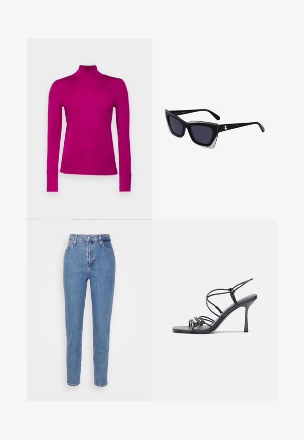 Marc Cain Long sleeved top - alpine rose; Blue high-waisted straight-leg jeans with front button and zipper, belt loops, and pockets, displayed on plain white background.; Black high-heeled sandals feature thin straps with a knotted design, a smooth square toe, and a sleek stiletto heel.; Black oversized sunglasses with a geometric shape, featuring dark lenses and a contrasting grey detail on the frame. Logo on the arm.; Silver metal earrings with a smooth, teardrop shape and a polished finish. Subtle engravings add detail. Minimalist design.