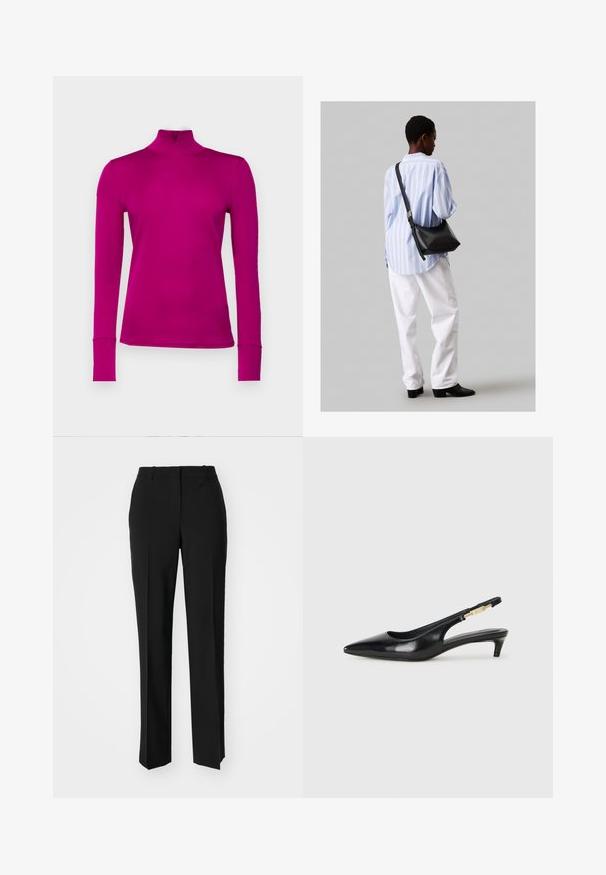 Marc Cain Long sleeved top - alpine rose; Black tailored trousers with a straight-leg design, featuring a smooth texture and crisp creases along the front. No visible hardware.; Black leather slingback heels with a pointed toe, featuring a slim heel and a gold-tone accent on the adjustable strap. Smooth texture.; Black leather shoulder bag with a soft texture, triangular shape, and adjustable strap, paired with a light blue striped shirt and white pants.