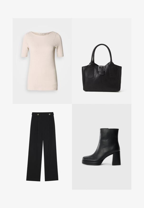 Rövid ujjú, kerek nyakú póló világos bézs színű anyagból. Puha tapintású, finom, egyenetlen mintával. Egyszerű dizájn, látható kiegészítők vagy díszítések nélkül.; Fekete, bő szárú nadrág magas derékkal, gombos részletekkel a derékrészen és elülső pliszékkal.; Fekete bőr bokacsizma tömbsarkal és platform talppal, oldalról nézve, sima fehér háttéren.; Fekete bőr bevásárlótáska sima textúrával, strukturált formával, két fogantyúval és egy figyelemfelkeltő ezüst csattal az elején.