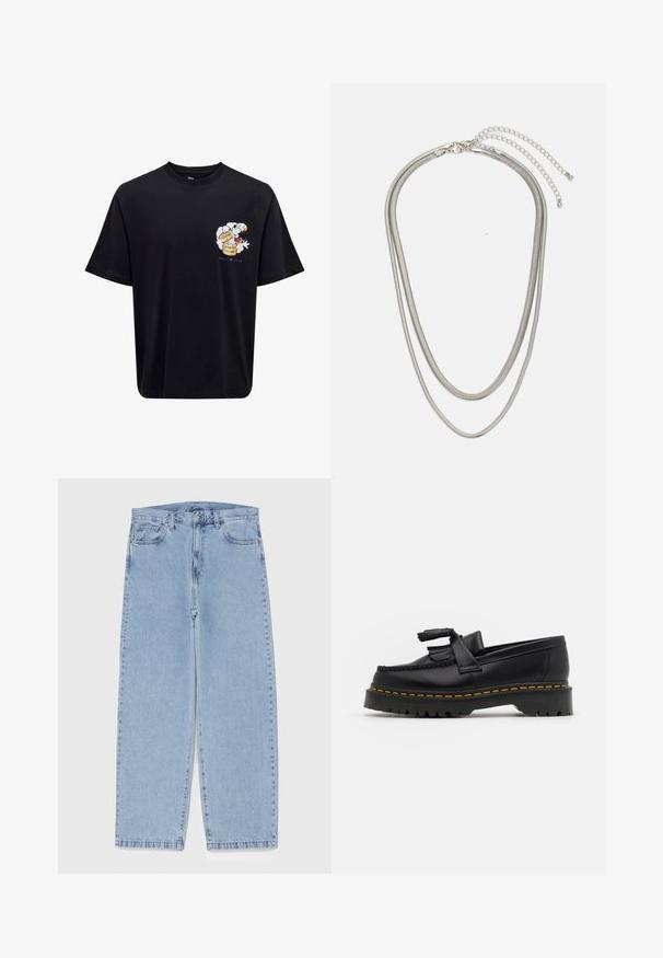 Svart bomull T-skjorte med korte ermer; har et fargerikt grafisk motiv av en karakter med en dampende beholder, trykket på venstre side.; Lyseblå denimjeans med rett ben-design, med mid-rise liv, fem lommer og knap og lynlås lukning.; Svart skinn loafers med en kvastdetalj, med en tjock svart sula och gul sömnad längs kanten. Texturerad yta.; Tre-lags sølvmetallkjede med elegante, fleksible kjeder med en svak glans, sikret med en krabbe-lås og justerbar kjede.