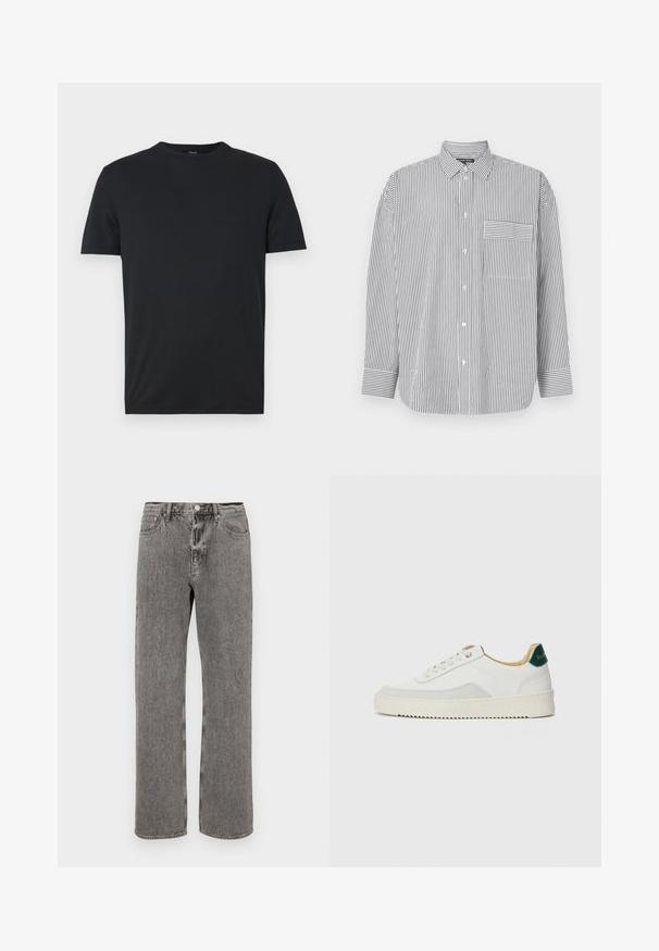 Sort kortærmet t-shirt lavet af et glat, blødt stof med rund halsudskæring og minimalistisk design. Ingen synlige logoer eller mønstre.; Stribet skjorte i sort og hvid med lange ærmer, klassisk krave og en brystlomme med vandrette striber.; Grå denim jeans med lige ben, fem-lomme-design og knaplukning i taljen. Subtilt falmet tekstur over det hele.; Hvide sneakers med ruskindsdetaljer, rund tå, flade snørebånd og en cremet gummisål. Har grøn branding på hælen.
