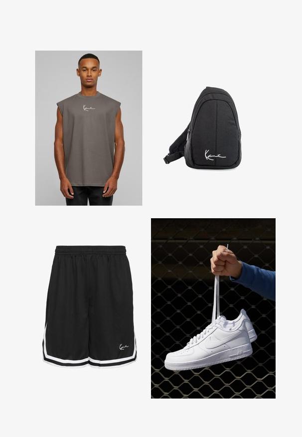 Šedé bezrukávové tričko s okrúhlym výstrihom, vyrobené z mäkkej látky, s bielym podpisovým logom na hrudi. Jednoduchý dizajn, voľný strih.; Čierne športové šortky s elastickým pásom, s bielymi bočnými pruhmi a logom na dolnom pravom prednom diely. Jemne textúrovaná látka.; Biele kožené tenisky s perforáciami, okrúhlou špičkou, plochou podrážkou a hrubými šnúrkami, pričom majú viditeľné logo swoosh a nápis "AIR" na päte.; Čierny látkový vakuový batoh s hladkou textúrou, ktorý má zakrivený dizajn, zipsovú priehradku a biele logo vpredu.