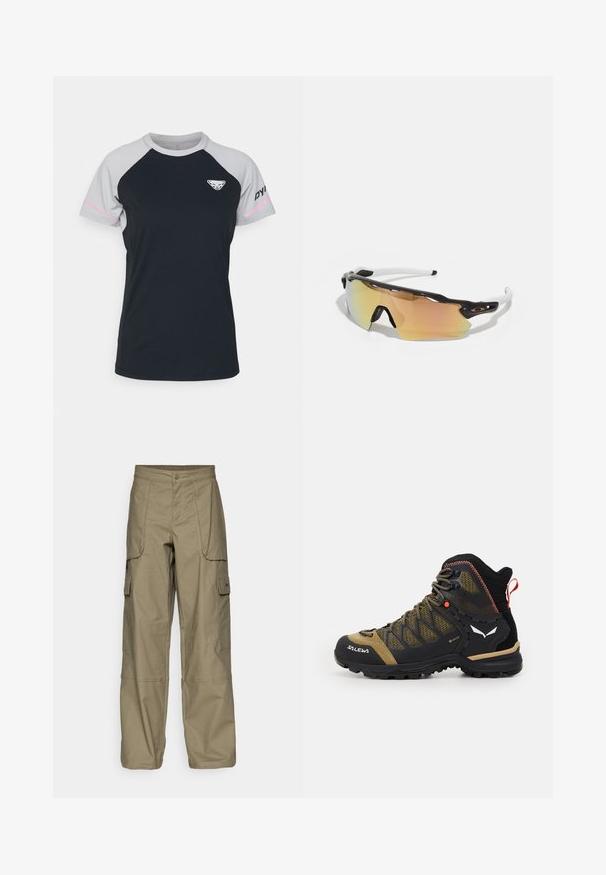 Dynafit ALPINE PRO TEE - Spordi T-särk - nimbus melange; Oliivrohelised cargo-püksid, millel on lõdvestatud istuvus, mitmed küljetaskud ja nööbiga sulgemine vööl. Sile tekstuur.; Keskmise kõrgusega matkasaapad mustas ja oliivrohelises, millel on võrkkangas, kummist talla ja tekstuuriga aksessuaarid tagaküljel tõmbluku jaoks.; Mustkristallidega prillid musta ja valge raamiga, suured peegeldavad läätsed kuldse ja roosa varjundiga, aerodünaamiline disain ja pikendatud välimine äär.