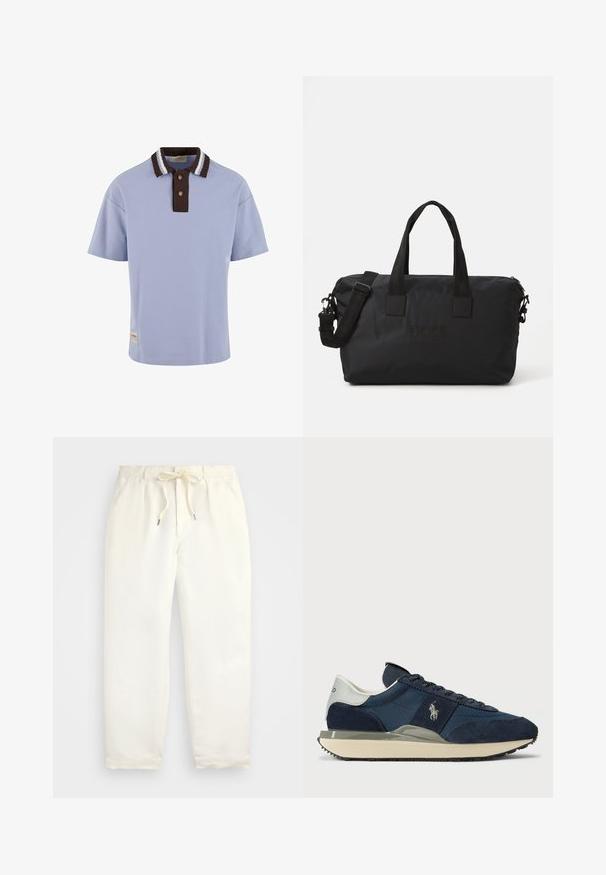 Világoskék pólóing, barna bordás gallérral, fehér csíkokkal, két barna gombbal, és egy kis logóval az elülső szegélyen.; Világos krém színű, puha anyagból készült könnyed nadrág. Rugalmas derékpánttal és húzózsinórral rendelkezik, valamint keskenyített lábdesign jellemzi.; Tengeri kék velúr és hálós sportcipő fehér és szürke sarokkal, lapos fűzőkkel és mintázott talppal. Oldalán logó található.; Fekete nylon sporttáska két felső fogantyúval és leválasztható vállpánttal. Dombornyomott logóval és sima textúrával rendelkezik, cipzárral záródik.
