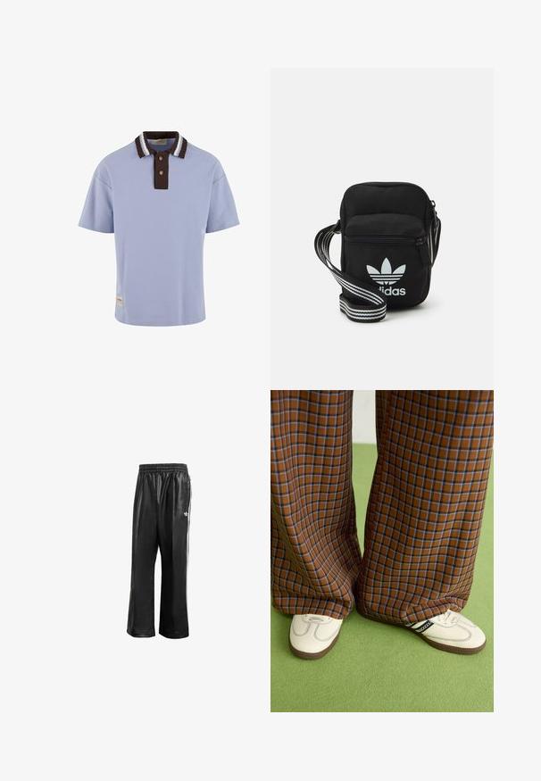 Gaiši zils polo krekls ar brūnu ribotu apkakli, kas rotāta ar baltām svītrām, diviem brūniem pogām un nelielu logo priekšējā apakšmalā.; Melnas sintētiskas sporta bikses ar elastīgu jostasvietu, ar baltām sānu svītrām un mazu baltu logo kreisajā gurnā.; Brūni un zili rūtaini platās kājas bikses, kas savienotas ar baltām kurpēm ar melniem akcentiem un teksturētām zolēm, uz zaļa fona.; Melna auduma crossbody soma ar rāvējslēdzēja aizdari, kurai ir balts Adidas logo un svītrainas regulējamas siksnas ērtiem pārvietošanās veidiem.