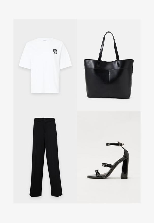 Camiseta blanca de manga corta hecha de algodón, con un diseño gráfico negro en la parte izquierda del pecho, cuello redondo y corte holgado.; Pantalones de pierna ancha negros, hechos de un tejido suave, con una cintura clásica que incluye un cierre de botón y pliegues frontales.; Sandalias de tacón de charol negro con punta cuadrada, correas en el tobillo y hebillas plateadas. Presentan un tacón grueso para mayor estabilidad.; Bolso tote de cuero negro con dos asas largas, textura suave y forma estructurada. Cuenta con un bolsillo frontal para almacenamiento adicional.