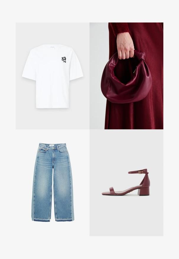 Weißes Kurzarm-T-Shirt aus Baumwolle, mit einem schwarzen grafischen Design auf der linken Brustseite, runden Halsausschnitt und bequemer Passform.; Helleblaue, weit geschnittene Jeans aus Denim, mit hoher Taille, Knopfverschluss, Vordertaschen und rohem Saum.; Burgunderfarbene Leder-Sandale mit quadratischer Spitze, dünnem Knöchelriemen, goldenen Beschlägen und einem klobigen Blockabsatz. Glatte Textur und minimales Design.; Burgunderleder-Handtasche mit einem weichen, gerafften Design und einer gerundeten Form. Der Griff ist gesichert und zeigt eine glatte Textur.