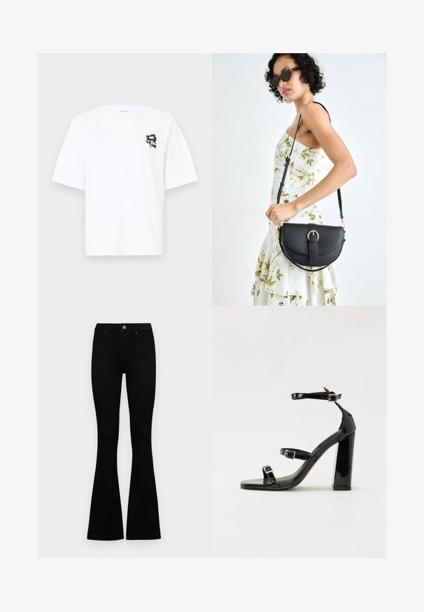 Bijela kratka majica s kratkim rukavima od pamuka, s crnim grafičkim dizajnom na lijevoj strani grudi, okruglim izrezom i opuštenim krojem.; Crne traperice viskog struka s kopčanjem na gumb i rajfeslusu, prednjim džepovima i širom nogavicama položene su ravno na bijeloj pozadini.; Crne lakirane sandale na pete sa kvadratnim nosom, trakama oko gležnja i srebrnim kopčama. Imaju čvrst blok petu za stabilnost.; Crna kožna torba s lukovitim oblikom, odvojivim remenom i zlatnim detaljima. Torba ima preklop s kopčom.