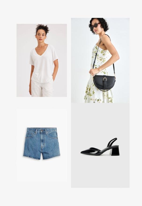 Balts kokvilnas T-krekls ar V veida kakla izgriezumu, īsām piedurknēm un brīvu piegriezumu. Strukturēta auduma ar maigu heather efektu.; Gaiši zili džinsu šorti, kas aprīkoti ar piecām kabatām, rāvējslēdzēja aizdari un pogu aizdari. Apakšmala ir saplēsta, un izskats ir brīvs.; Melna lakota āda ar atvērto papēdi, ar smailu purngalu un ģeometrisku blokpapēdi. Iezīmējas elegants, minimāls dizains un gluda tekstūra.; Melnas ādas rokassoma ar izliekta formu, noņemamu siksnu un zelta aksesuāriem. Somai ir vāciņš ar sprādzes detaļu.