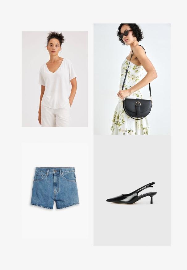 Camiseta de algodón blanca con escote en V, mangas cortas y corte relajado. Tejido texturizado con un sutil patrón jaspeado.; Pantalones cortos de denim en azul claro, con cinco bolsillos, cremallera y cierre de botón. El dobladillo está deshilachado y tiene un diseño de ajuste relajado.; Tacones slingback de charol negro con punta afilada, tacón delgado y correa ajustable con hebilla. Textura suave con un detalle mínimo.; Bolso de piel negra con forma curva, correa desmontable y herrajes dorados. El bolso cuenta con una solapa con un detalle de hebilla.