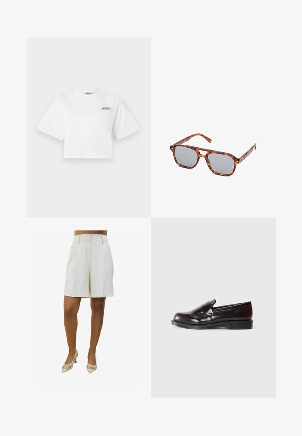 Witte korte mouwen cropped t-shirt met een klein "HOSIE" en Puma logo op de bovenkant van de linkerborst.; Beige linnen shorts met een gepolijste uitstraling, voorzien van twee voorplooien en zijzakken. Gecombineerd met puntige, gestreepte hoge hakken.; Bordeaux leren loafers met een gladde oppervlakte, een verhoogde randdetail en een rubberen zool. Ontworpen met een ronde neus en minimale hardware.; Plastic zonnebril met een schildpadpatroon, rechthoekige grijze lenzen en slanke poten. Heeft een minimalistisch ontwerp met een bruguitsparing.; Bruine leren tote bag met een ronde vorm, een gladde textuur en dubbele schouderbanden. Kenmerkt zich door een gouden hardware accent in het midden.