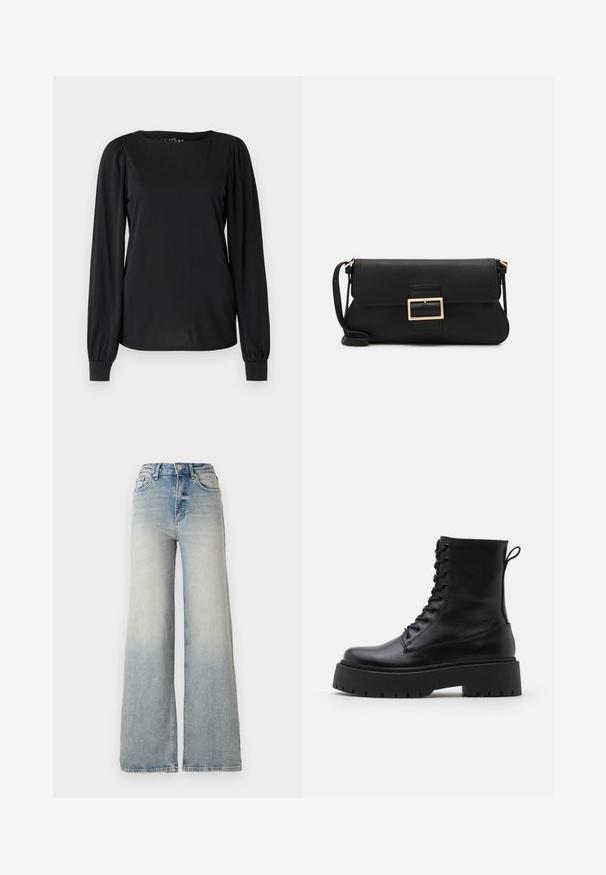 Must be liikuvate detailidega kleit, millel on ümar kaelus ja rippuvad detailid õlgadel ja mansettides.; Heledad sinine laia säärega teksapüksid, mis on valmistatud denimist, kõrge vöökoht, viis taskut ja nähtav õmblemine õmbluste ääres.; Mustad mustad nahast pahkluu saapad ümarate varvastega, nööridega esiosas ja paksu kummist talla ning tekstuuritud mustriga. Tagumine tõmbeaas.; Must haben musta nahkklahviga kott, millel on klapp ja kuldne metallist pandla detail. Kaasas must rihm ja stiilne, minimalistlik disain.; Kulla värvi nõelad, õhukesed ja ümmargused, millel on sile metallist pind ja ilma kaunistuste või mustriteta.