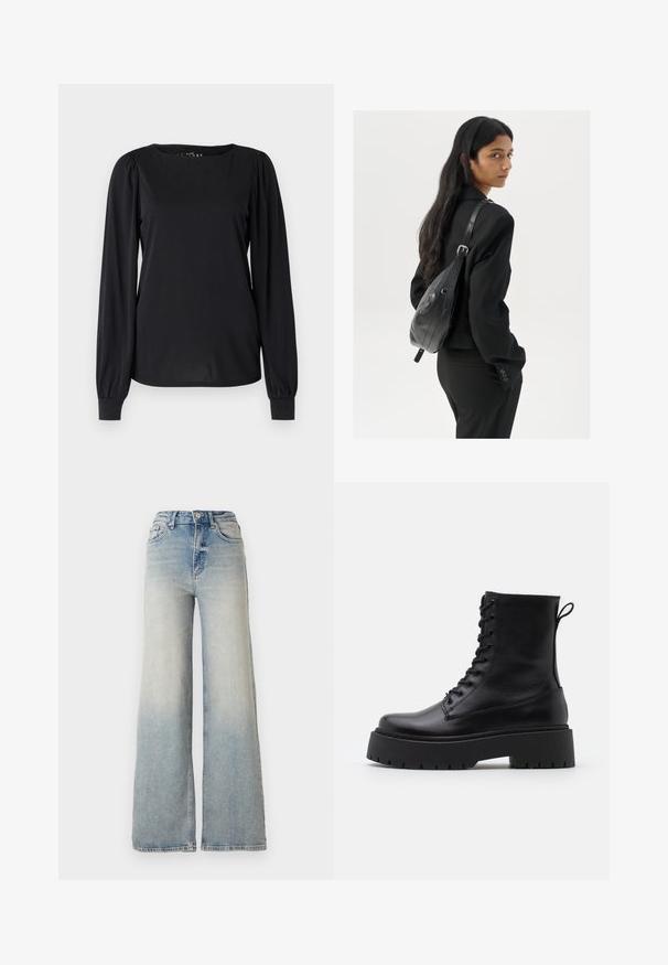 Schwarzes Langarmtop aus glattem Stoff, mit einem runden Halsausschnitt und Raffung an den Schultern und Bündchen.; Hellblaue weit geschnittene Jeans aus Denim, mit hoher Taille, fünf Taschen und sichtbaren Nähten entlang der Säume.; Schwarze Lederstiefeletten mit runder Zehenpartie, Schnürung vorne und einer dicken Gummisohle mit strukturiertem Profil. Mit Zugschlaufe an der Rückseite.; Frau mit langen dunklen Haaren, die einen schwarzen Anzug trägt und eine schwarze Lederschultertasche hält, schaut über ihre Schulter vor einem weißen Hintergrund.; Goldfarbene Ohrringe in Form von dünnen, runden Kreolen, mit einer glatten, metallischen Oberfläche und ohne Verzierungen oder Muster.