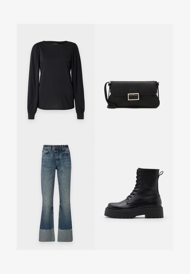 Black long-sleeve top made of smooth fabric, featuring a round neckline and gathered details at the shoulders and cuffs.; Denim flared jeans in medium blue with a high waist, five buttons, and frayed hem. Features a lighter cuff at the bottom and faded texture.; Black leather ankle boots with a round toe, lace-up front, and a thick rubber sole featuring a textured tread. Pull tab at the back.; Black leather clutch bag with a flap and a gold metal buckle detail. Includes a black strap and a sleek, minimalist design.; Gold-colored hoop earrings, thin and round in shape, with a smooth metallic finish and no embellishments or patterns.