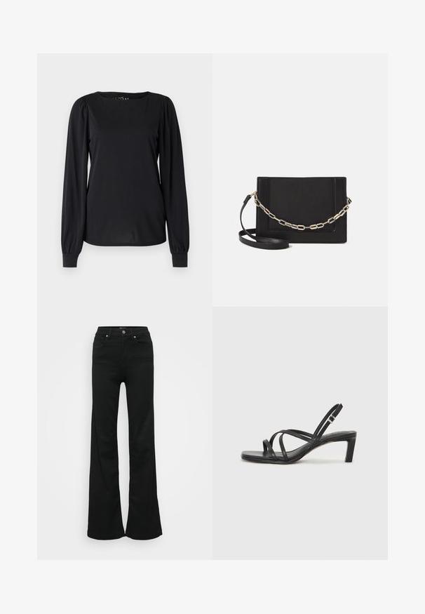 Fekete, hosszú ujjú felső sima anyagból, kerek kivágással és ráncolt részletekkel a vállaknál és az ujjak végén.; Fekete, trapéz szabású farmernadrág, magas derékkal, öt zsebbel és fémből készült gombos zárással. Simább textúrájú, minimális díszítéssel.; Fekete pántos szandál négyzetes orral és alacsony blokk sarkal. Több vékony pánttal és állítható boka pánttal rendelkezik. Sima bőrből készült.; Fekete bőr keresztpántos táska, sima textúrával, téglalap alakú és fém lánc részlettel az elején. Állítható pánttal ellátva.