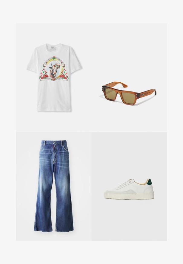 T-shirt de algodão branco com um gráfico central de uma vaca emoldurada por rosas e bandeiras italianas, com texto decorativo disposto em um layout circular.; Jeans de ganga azuis de perna larga com um efeito desbotado, design de cinco bolsos e um fecho frontal com botão, apresentado em destaque com um acento vermelho.; Tênis brancos com detalhes em camurça, bico arredondado, atacadores planos e sola de borracha creme. Apresenta uma marcação verde no calcanhar.; Óculos de sol quadrados com uma armação de tartaruga castanha, lentes verdes e acabamentos metálicos decorativos nas hastes. Hastes texturizadas.