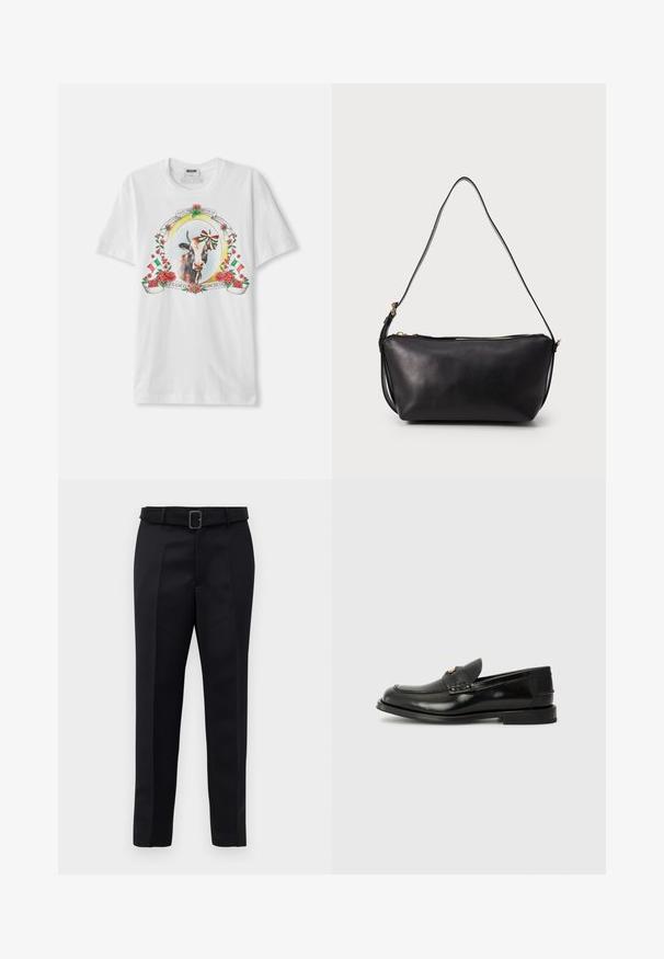 White cotton t-shirt featuring a central graphic of a cow framed by roses and Italian flags, with decorative text in a circular layout.; Black tailored trousers feature a smooth fabric, straight cut, and a belted waist with a rectangular buckle. Notable front creases enhance the design.; Black leather loafer with a rounded toe, decorative stitching, and a small front flap. Flat rubber sole with minimal heel.; Black leather shoulder bag with a single long adjustable strap and gold zipper closure on top, displayed against a plain background.