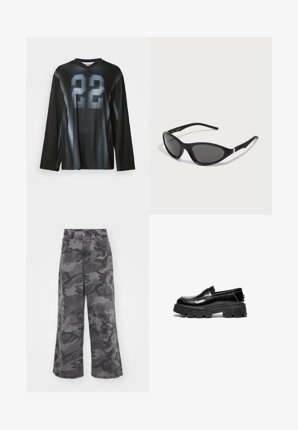 Black long-sleeve jersey with a v-neck, features large gray number "22" on the front, gradient shading, and smooth, stretchy fabric.; Wide-leg camouflage jeans in shades of gray, made of denim, featuring two side pockets and a high waist design. Textured fabric with a printed pattern.; Black leather loafers with chunky rubber sole, decorative strap across the upper, and contrasting white stitching. Smooth texture with rounded toe.; Black cat-eye sunglasses with sleek, matte frames, dark lenses, and silver accents on the temples. Modern design with a sharp shape.